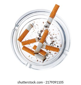 Burnt Cigarette Butts In An Ash Tray Isolated On White