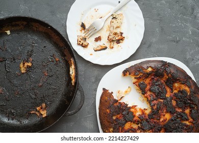 Burnt Food. Carcinogen. Plate And Pan With Leftovers From Dinner