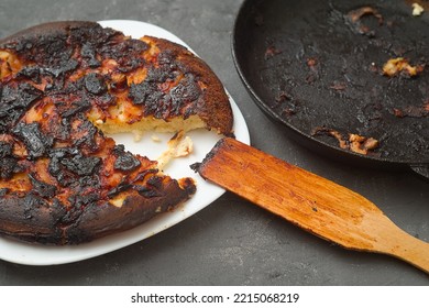 Burnt Food. Carcinogen. Plate And Pan With Leftovers From Dinner