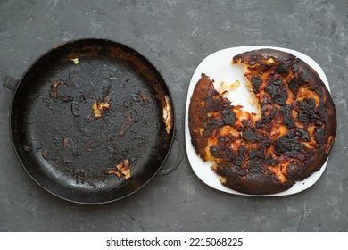 Burnt Food. Carcinogen. Plate And Pan With Leftovers From Dinner