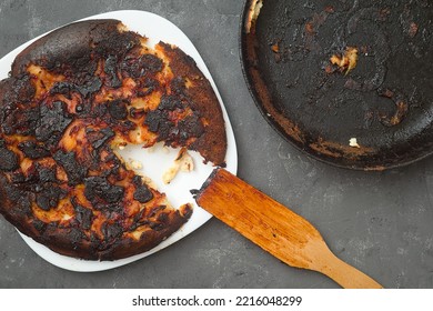 Burnt Food. Carcinogen. Plate And Pan With Leftovers From Dinner