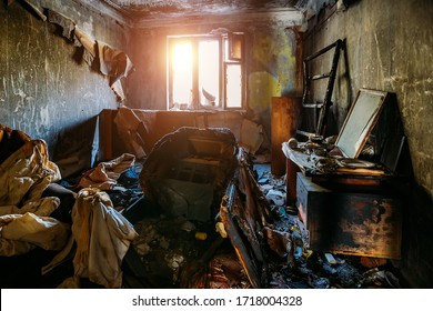 Burnt House Interior. Consequences Of Fire Concept