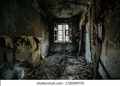 Burnt House Interior. Consequences Of Fire Concept