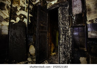 Burnt House Interior. Consequences Of Fire Concept.