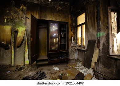 Burnt House Interior. Consequences Of Fire Concept.