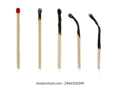 Burnt matches isolated on white. Box of matches. Different stages of match burning Burnt matches . Full depth of field.