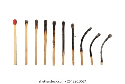 Burnt matches and whole one on white background