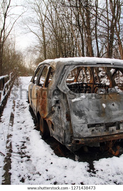 \
a burnt out car wreck\
in the snow