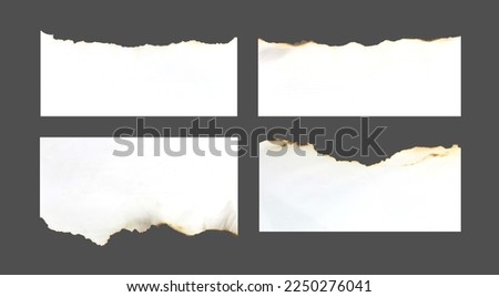 Burnt paper hole, page edges and corners. Realistic fire flames, ashes and brown burns. Destroyed paper or parchment with cracked and dirty borders