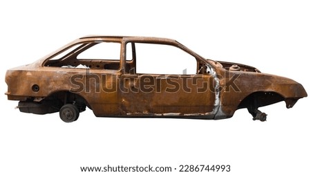 Burnt rusty car on white background isolation