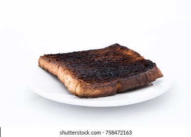 Burnt Toast Bread On Plate, Isolated On White Background
