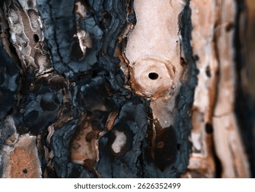 Burnt tree in forest, forest fire problem, threat of extinction of trees and plants, bark, detailing