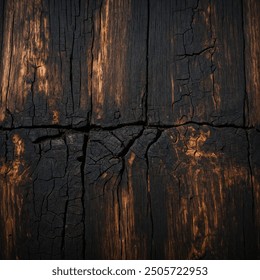 The burnt wood texture is a captivating blend of charred black and deep browns, where the natural grain of the wood is accentuated by the intense heat that has kissed its surface. - Powered by Shutterstock