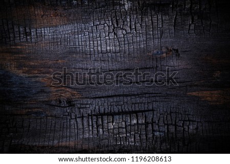 Burnt wooden Board texture. Halloween backdrop. Burned scratched hardwood surface. Smoking wood black plank halloween background