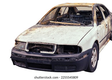 Burnt-out rusty cars on a city street, vandalism. Setting fire to cars by vandals and damage to property, isolated on a white background