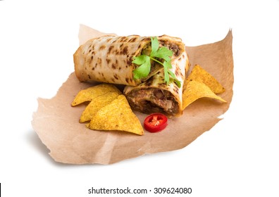 Burrito With Chips On Parchment Isolated On A White Background