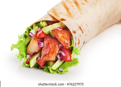 Burrito With Grilled Chicken And Vegetables Isolated On White Background (fajitas, Pita Bread, Shawarma)