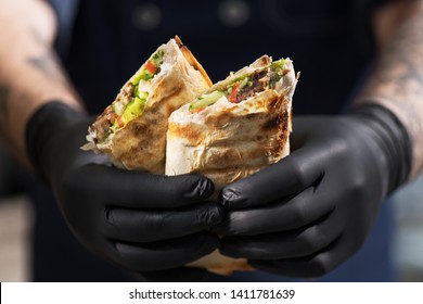 Burrito, Lamb Shawarma - The Best Street Food. Close-up Of Men's Hands Chefs With Shawarma.