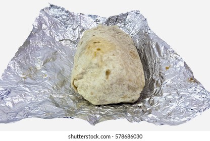 Burrito In Open Foil Wrapper. Isolated.