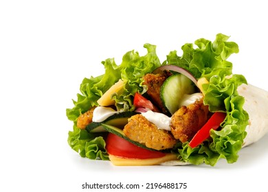 Burrito, Tortillas With Chicken, Tomatoes, Onion, Sandwich Roll With Chicken Meat, Vegetables, Lettuce, Pita Roll, Isolated On A White Background.