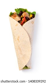 Burrito With Vegetables And Tortilla, Isolated On White