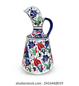 Bursa, iznik pottery. Image of a jug made from pottery, with red, blue and green floral designs, in front of a solid background. Porcelain vases with painting.