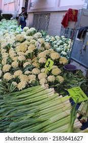 Bursa, Turkey -  April 22, 2022: Market Stall On A Street Market In Bursa. It Takes Place In The Small Alleys Of Yesil District. Here Local People Buy Vegetables And Fruit. Eastern Europe.