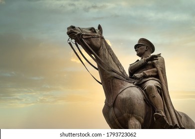 Bursa, Turkey - August 11, 2020: Bronze Memorial Statue Of Mustafa Kemal Ataturk On His Horse, The Founder Of The Republic Of Turkey, Over The Sunset Sky.