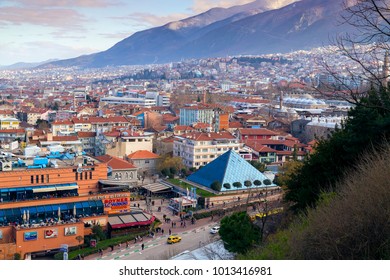 Bursa, Turkey - January 26, 2018: Aerial View Of Bursa City, Turkey. Zafer Plaza, The Glass Pyramid Building Is The First Modern Shopping Mall Built In Th City.