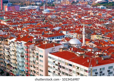 Bursa, Turkey - January 26, 2018: Aerial View Of Bursa City With Roof Tops Of Residential Buildings And Satelite Receiver Pollution.