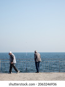 Bursa, Turkey - October 2021: Fishing Activity, Two Old Men Fishing At Weekend, Peaceful And Clear Sky Scene, Selective Focus