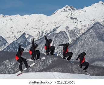 Burst shooting mode of snowboarder jumping grab trick at snowy mountains background in snowpark
