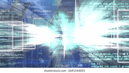 Bursting central light sending source code streams in virtual workspace, with floating code panels. Futuristic, technology, innovation, data, digital, network, interface