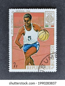 Burundi - Circa 1968 : Cancelled Postage Stamp Printed By Burundi, That Shows Runner Promoting Summer Olympics In Mexico, Circa 1968.