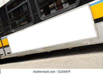 Bus Advertising. Close-up Of Blank Billboard On Bus Side.