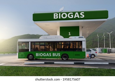 Bus and car at the biogas filling station. Carbon neutral transportation concept