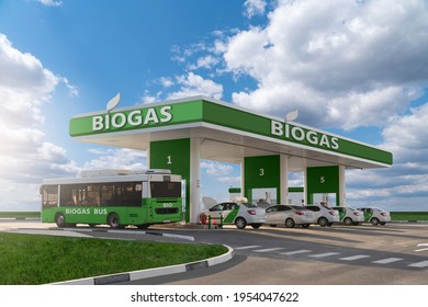 Bus and cars at the biogas filling station. Carbon neutral transportation concept