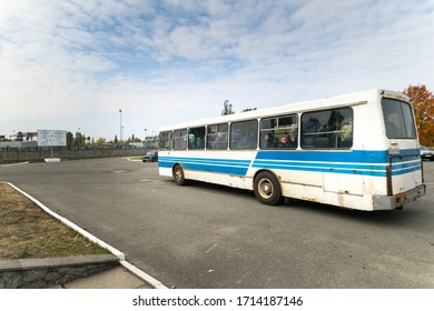 Bus With Chernobyl Emploees Inside  11am Comes To Chernobyl Power Plant. Chernobyl Tour. Ukraine.08.10.2019