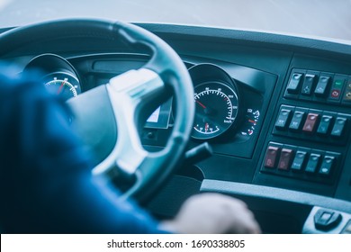 Bus Driver, Driving A Bus Or Truck: View Of The Steering Wheel And Dashboard.