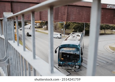 Bus driving through an intersection