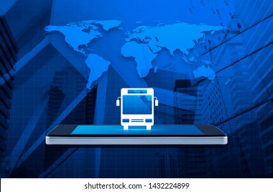 Bus flat icon on modern smart mobile phone screen on wooden table over world map, office city tower and skyscraper, Business transportation service concept, Elements of this image furnished by NASA