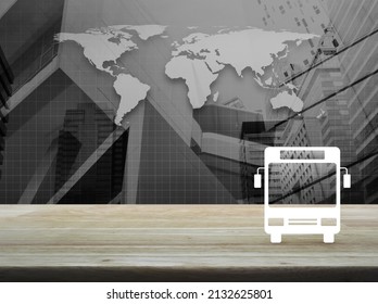 Bus flat icon on wooden table over black and white world map, city tower and skyscraper, Business transportation service concept, Elements of this image furnished by NASA