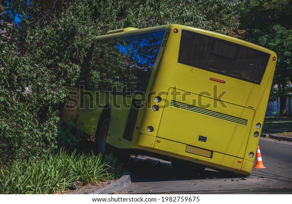 The bus flew off the road\
and crashed into a tree. Broken windshield Traffic accidents on the\
road.