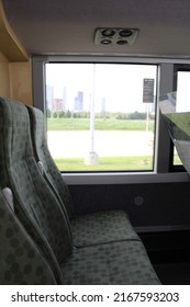 Bus Interior: Straight Front And Rear View Of Empty Seats On Double Decker. Blank Advertising Space; For Mockup Display; Seat Sticker Wrap.