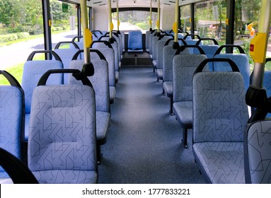 Bus Interior: Straight Front View Of Empty Seats On Double Decker. Blank Advertising Space; For Mockup Display; Seat Sticker Wrap.