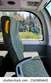 Bus Interior: Straight Side View Of Empty Seat On Double Decker. Blank Advertising Space; For Mockup Display; Seat Sticker Wrap.