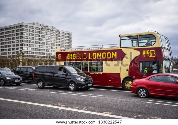 Bus in London for driving excursion groups\
on city streets. London - UK, April\
2017
