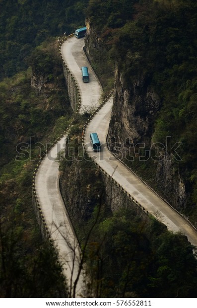 Bus on the mountain road in\
China