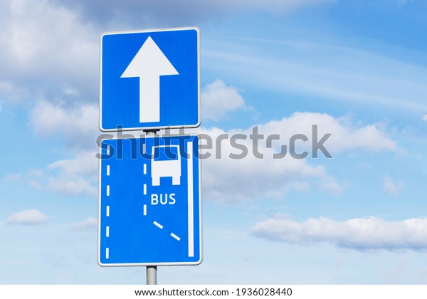 Bus only lane road sign. One way\
road sign. Arrow isolated on blue sky. Information blue\
sign.