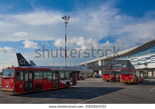 Bus service for\
airplanes inside the El Dorado airport in the city of Bogota.\
Colombia . December 13,\
2020.